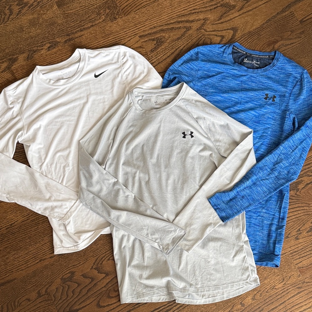 Under Armour and Nike Men's Long Sleeve Shirts - White, Gray, and Blue